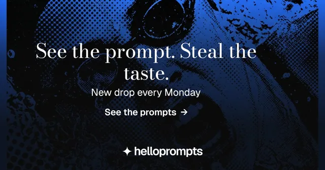 Social ad for HelloPrompts: "See the prompt. Steal the taste." Minimal luxury style, skeleton layout, dark palette in black, blue.