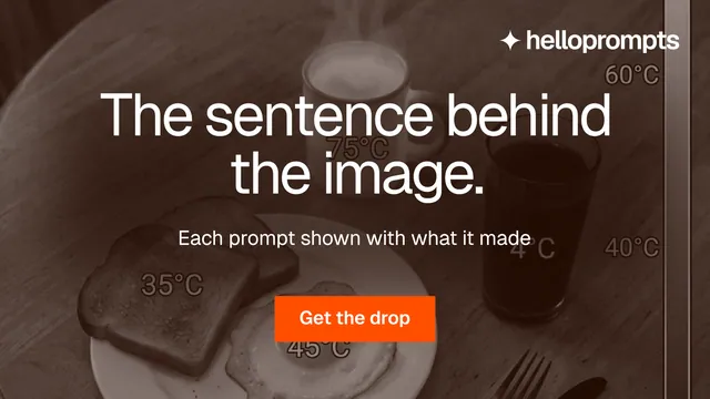 Landscape graphic for HelloPrompts: "The sentence behind the image." Swiss style, centred layout, dark palette in orange, grey, brown.