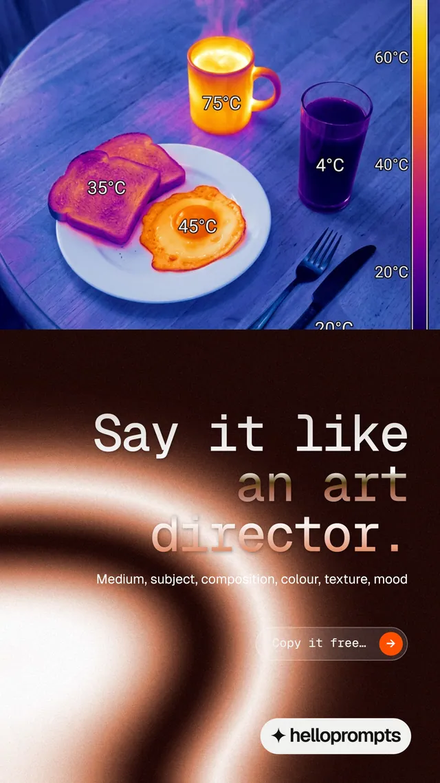 Instagram story for HelloPrompts: "Say it like an art director." Agentic glass style, right layout, dark palette in black, blue, orange.