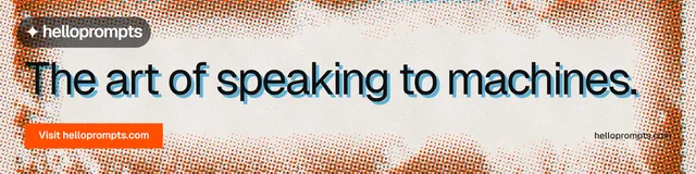 LinkedIn banner for HelloPrompts: "The art of speaking to machines." Swiss style, poster layout, light palette in orange, brown.