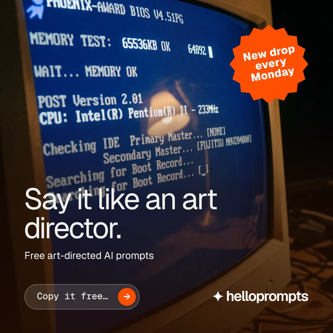 Instagram post for HelloPrompts: "Say it like an art director." Agentic glass style, sticker layout, dark palette in black, blue, grey.
