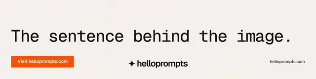 LinkedIn banner for HelloPrompts: "The sentence behind the image." Swiss style, poster layout, light palette in white, orange.