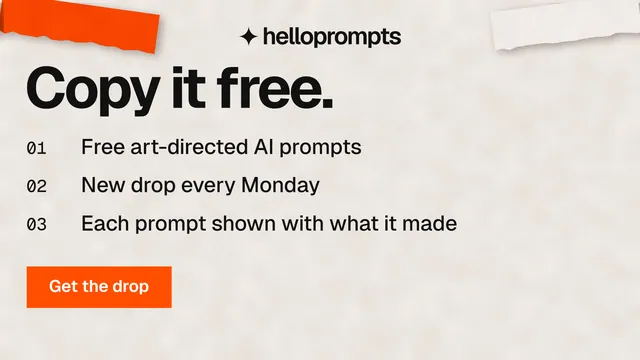 Landscape graphic for HelloPrompts: "Copy it free." Swiss style, numbered layout, light palette in orange.