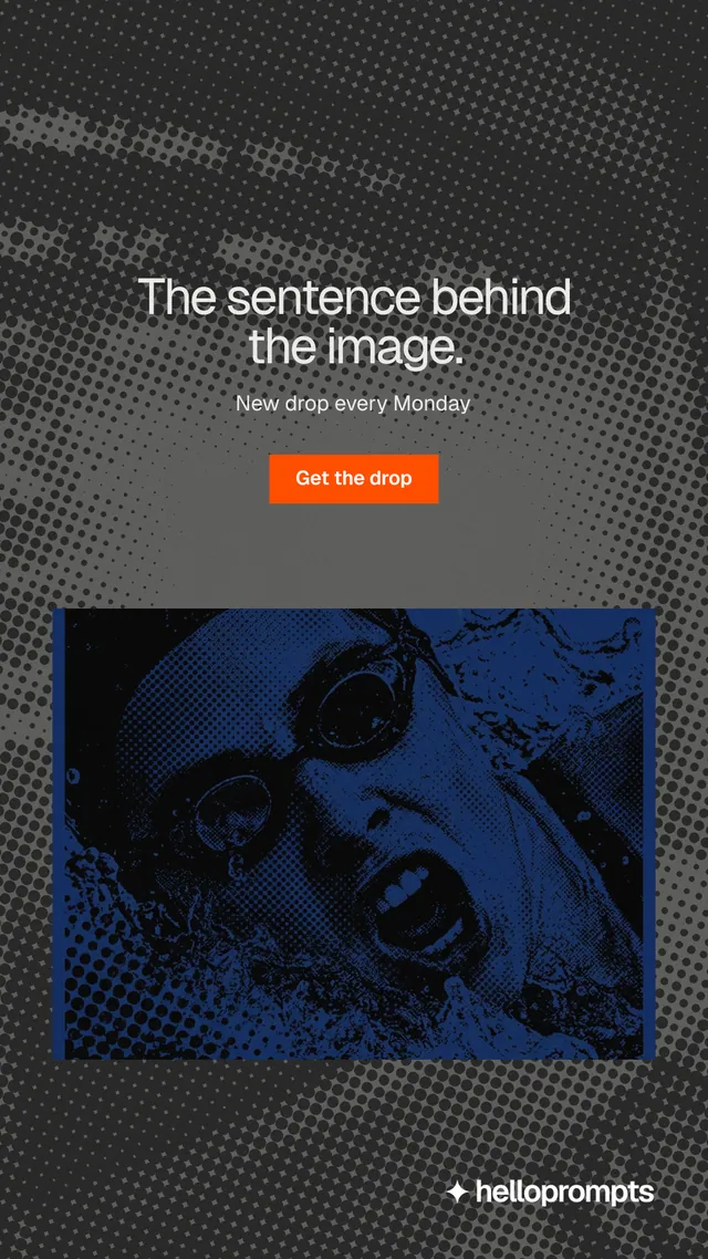 Instagram story for HelloPrompts: "The sentence behind the image." Swiss style, centred layout, dark palette in black, grey.