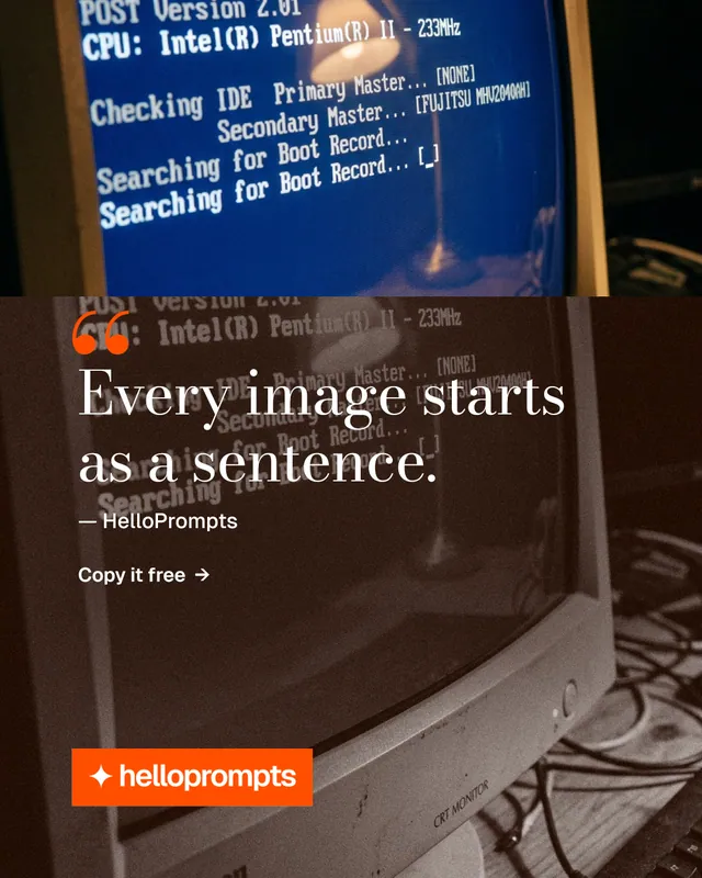Instagram portrait post for HelloPrompts: "Every image starts as a sentence." Minimal luxury style, quote layout, dark palette in orange, grey, black.
