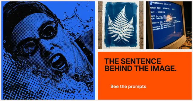 Social ad for HelloPrompts: "The sentence behind the image." Swiss style, collage layout, dark palette in blue, red, grey.