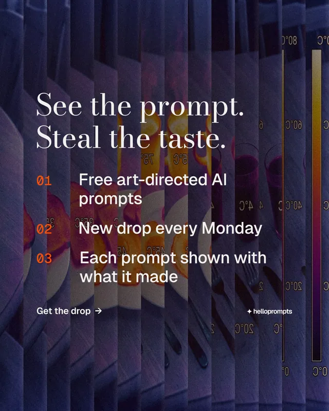 Instagram portrait post for HelloPrompts: "See the prompt. Steal the taste." Minimal luxury style, numbered layout, dark palette in purple, blue, grey.
