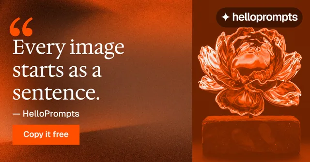 Social ad for HelloPrompts: "The art of speaking to machines." Swiss style, quote layout, dark palette in orange, brown.
