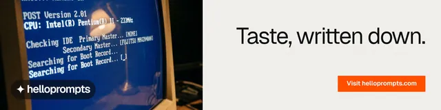 LinkedIn banner for HelloPrompts: "Taste, written down." Swiss style, right layout, light palette in white, blue, grey.