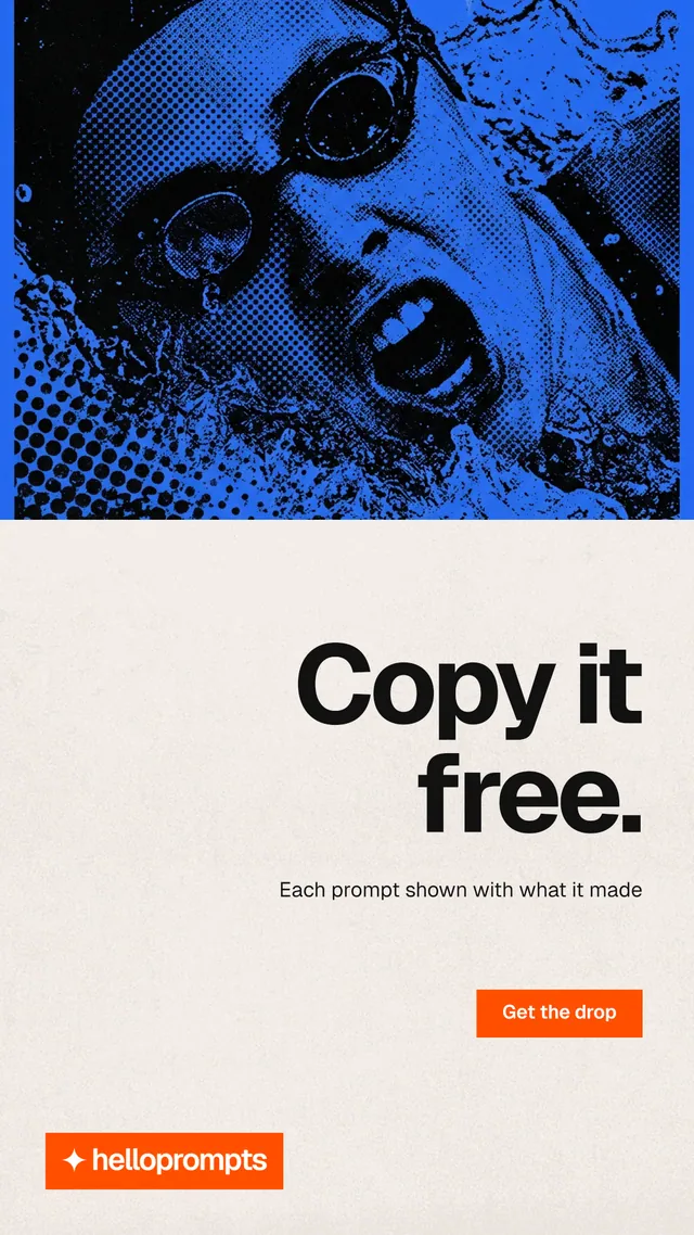 Instagram story for HelloPrompts: "Copy it free." Swiss style, right layout, light palette in white, blue, orange.