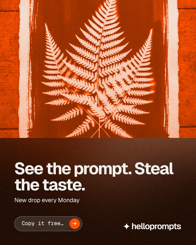 Instagram portrait post for HelloPrompts: "See the prompt. Steal the taste." Agentic glass style, bottom layout, dark palette in black, orange.