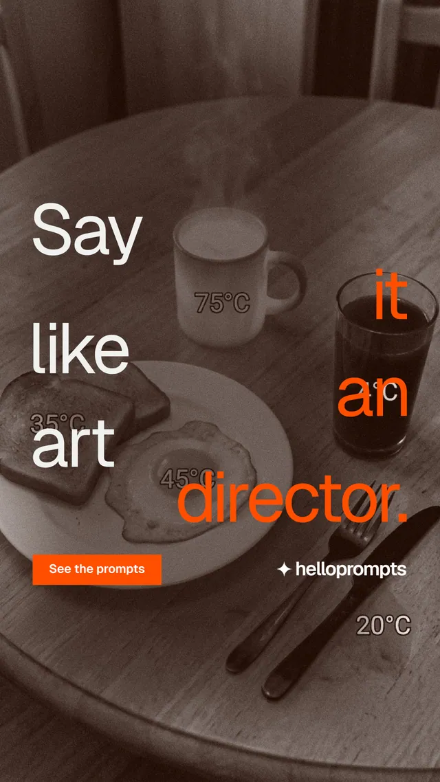 Instagram story for HelloPrompts: "Say it like an art director." Swiss style, stacked layout, dark palette in orange, grey.