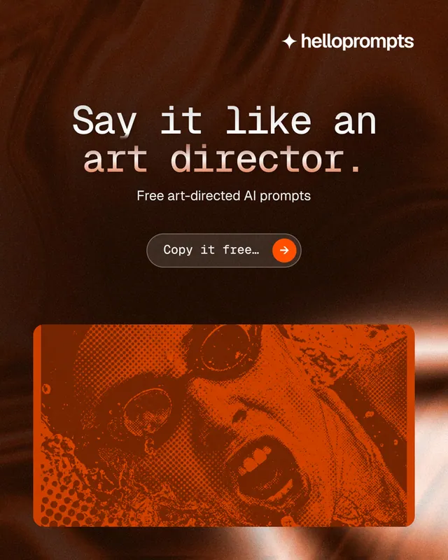 Instagram portrait post for HelloPrompts: "Say it like an art director." Agentic glass style, centred layout, dark palette in orange, black, brown.