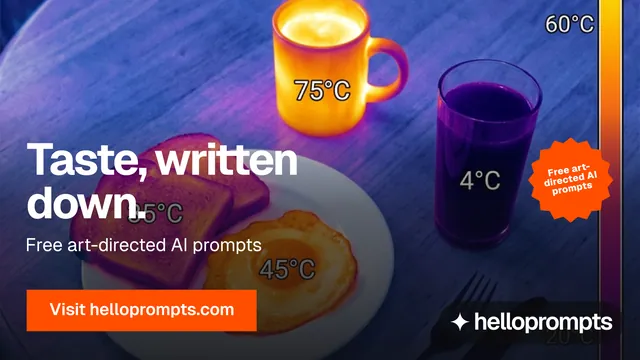 Landscape graphic for HelloPrompts: "Taste, written down." Swiss style, sticker layout, dark palette in blue, pink, orange.