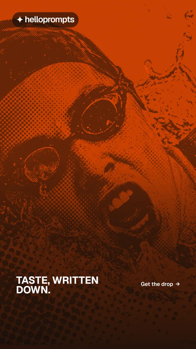 Instagram story for HelloPrompts: "Taste, written down." Retro print style, image led layout, dark palette in orange, black.