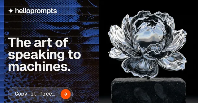 Social ad for HelloPrompts: "The art of speaking to machines." Agentic glass style, bottom layout, dark palette in blue, black, grey.