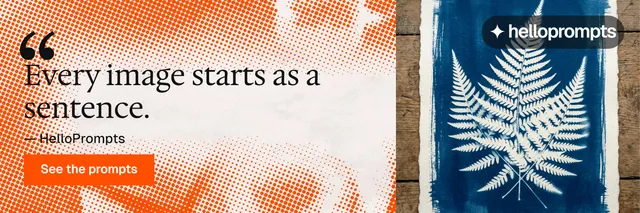 X header for HelloPrompts: "Prompts that show their work." Split block style, quote layout, light palette in orange, grey, white.