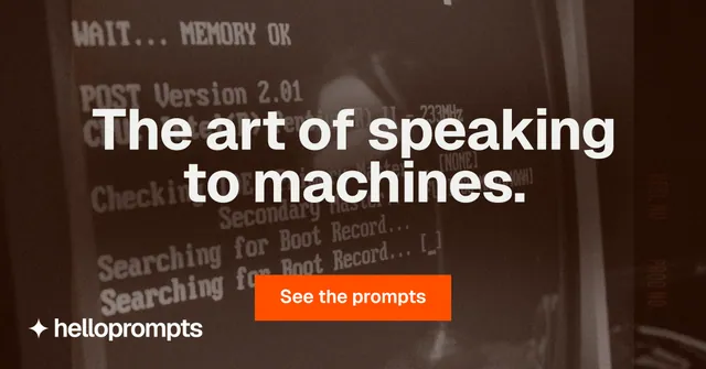 Social ad for HelloPrompts: "The art of speaking to machines." Swiss style, centred layout, dark palette in orange, black, grey.