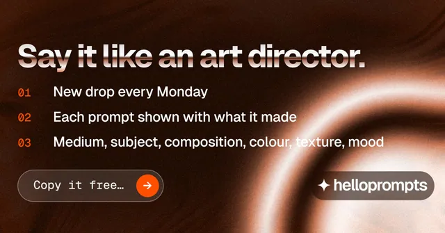 Social ad for HelloPrompts: "Say it like an art director." Agentic glass style, numbered layout, dark palette in black, orange.