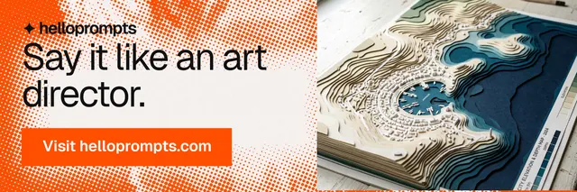 X header for HelloPrompts: "Say it like an art director." Swiss style, skeleton layout, light palette in orange, white.