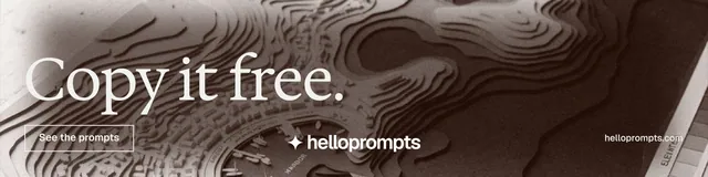 LinkedIn banner for HelloPrompts: "Copy it free." Editorial style, poster layout, dark palette in black, grey, orange.