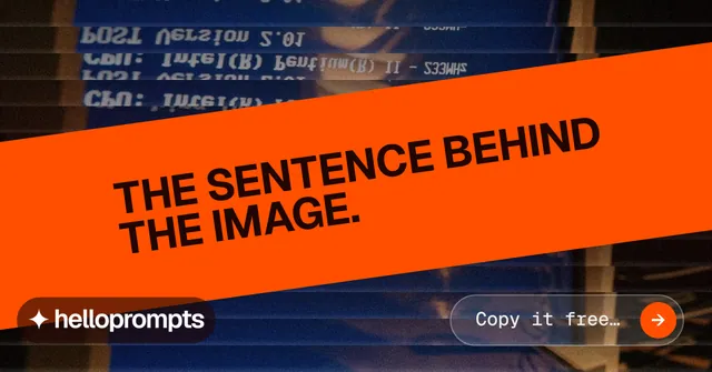 Social ad for HelloPrompts: "The sentence behind the image." Agentic glass style, diagonal layout, dark palette in orange, blue, red.