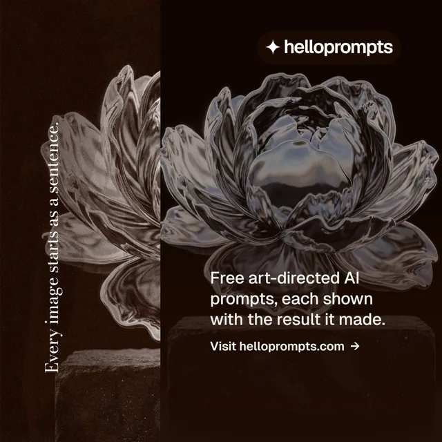 Instagram post for HelloPrompts: "Every image starts as a sentence." Minimal luxury style, vertical layout, dark palette in grey, black, orange.