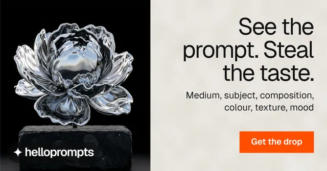 Social ad for HelloPrompts: "See the prompt. Steal the taste." Swiss style, right layout, light palette in black, white, grey.