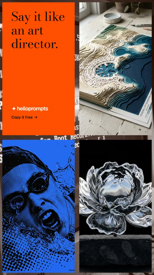 Instagram story for HelloPrompts: "Say it like an art director." Minimal luxury style, collage layout, dark palette in black, grey, red.
