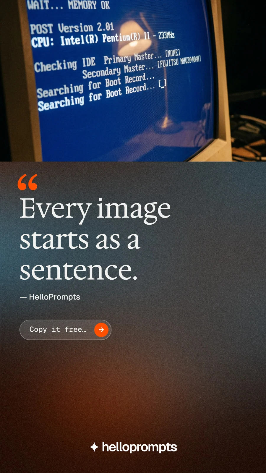 Instagram story for HelloPrompts: "The art of speaking to machines." Agentic glass style, quote layout, dark palette in grey, black, blue.
