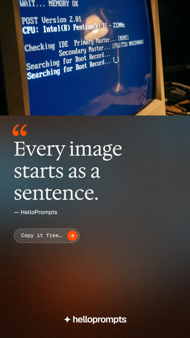Instagram story for HelloPrompts: "The art of speaking to machines." Agentic glass style, quote layout, dark palette in grey, black, blue.