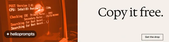 LinkedIn banner for HelloPrompts: "Copy it free." Editorial style, right layout, light palette in white, orange, brown.