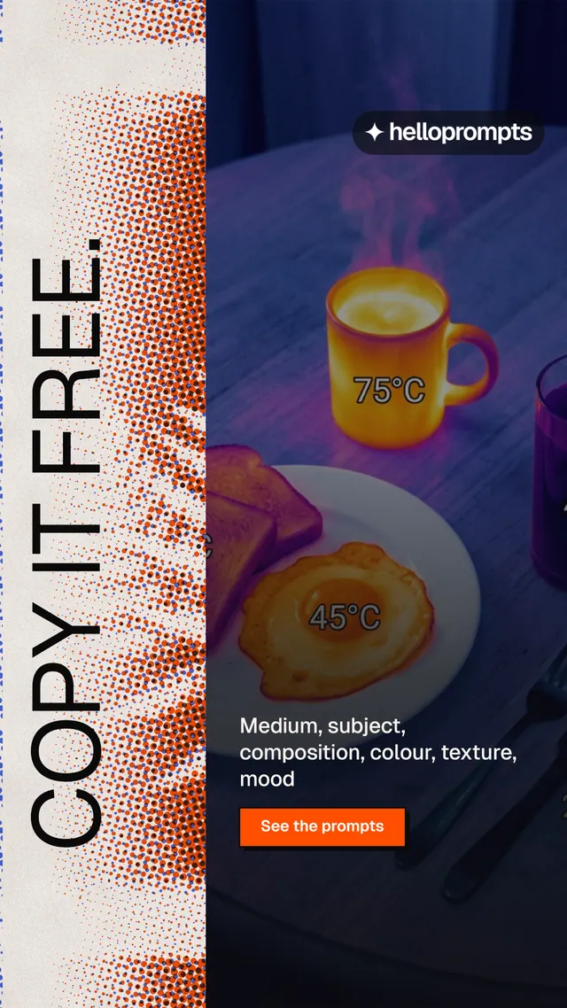 Instagram story for HelloPrompts: "Copy it free." Brutalist style, vertical layout, dark palette in purple, black, red.