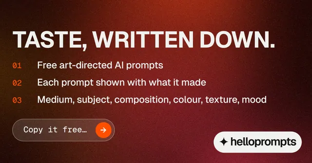 Social ad for HelloPrompts: "Taste, written down." Agentic glass style, numbered layout, dark palette in black, red, grey.