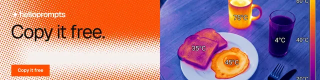 LinkedIn banner for HelloPrompts: "Copy it free." Swiss style, bottom layout, light palette in blue, red, orange.