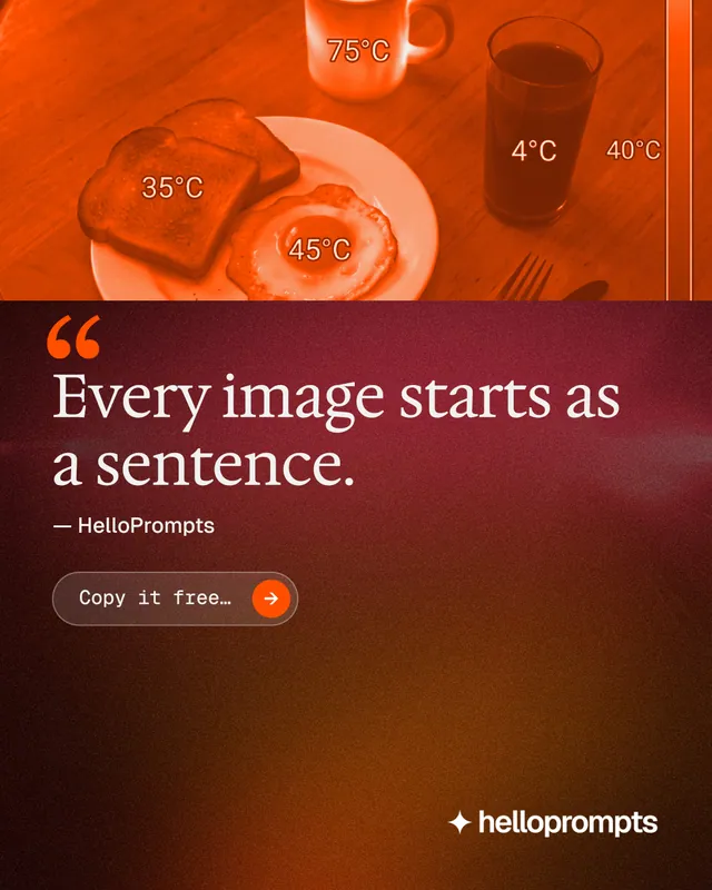 Instagram portrait post for HelloPrompts: "Say it like an art director." Agentic glass style, quote layout, dark palette in red, orange.