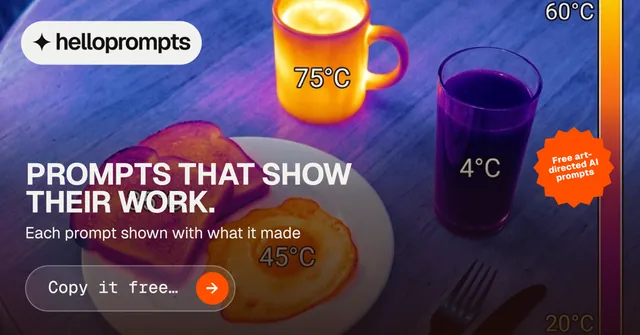 Social ad for HelloPrompts: "Prompts that show their work." Agentic glass style, sticker layout, dark palette in purple, blue, pink.