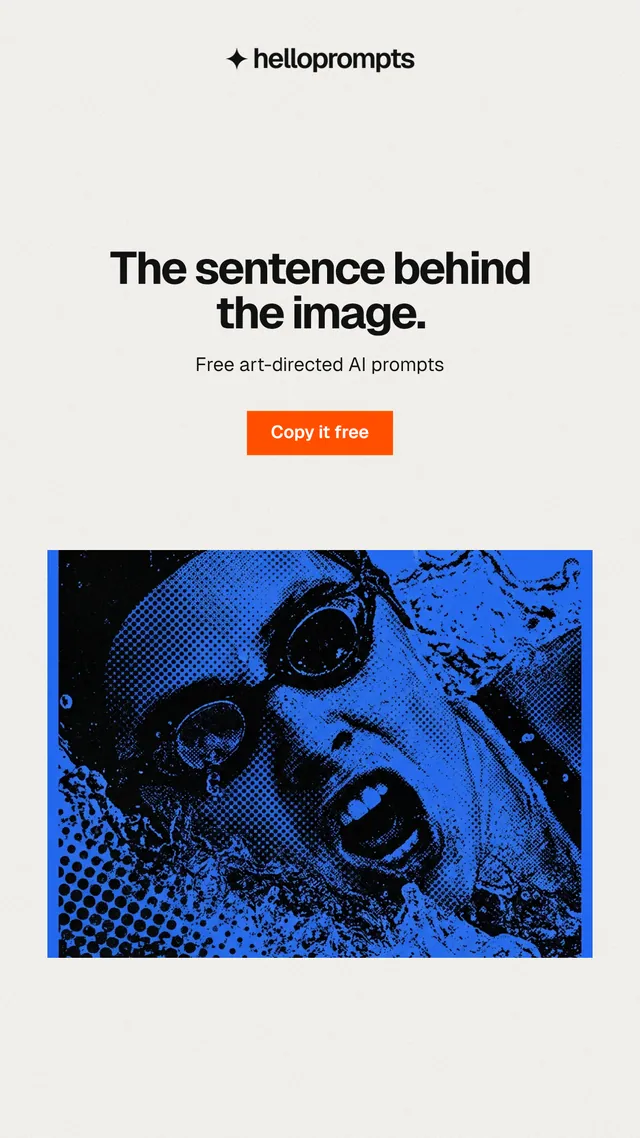 Instagram story for HelloPrompts: "The sentence behind the image." Swiss style, centred layout, light palette in white, blue.