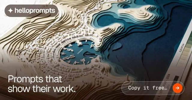 Social ad for HelloPrompts: "Prompts that show their work." Agentic glass style, image led layout, dark palette in blue, grey, black.