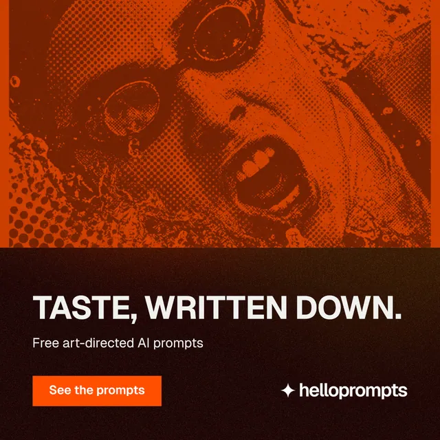 Instagram post for HelloPrompts: "Taste, written down." Swiss style, bottom layout, dark palette in black, orange.