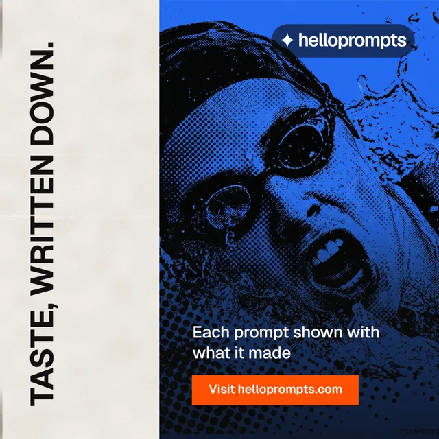 Instagram post for HelloPrompts: "Taste, written down." Swiss style, vertical layout, light palette in black, blue, orange.