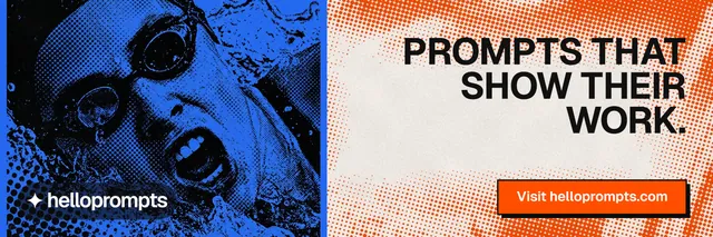 X header for HelloPrompts: "Prompts that show their work." Brutalist style, right layout, light palette in orange, blue, red.