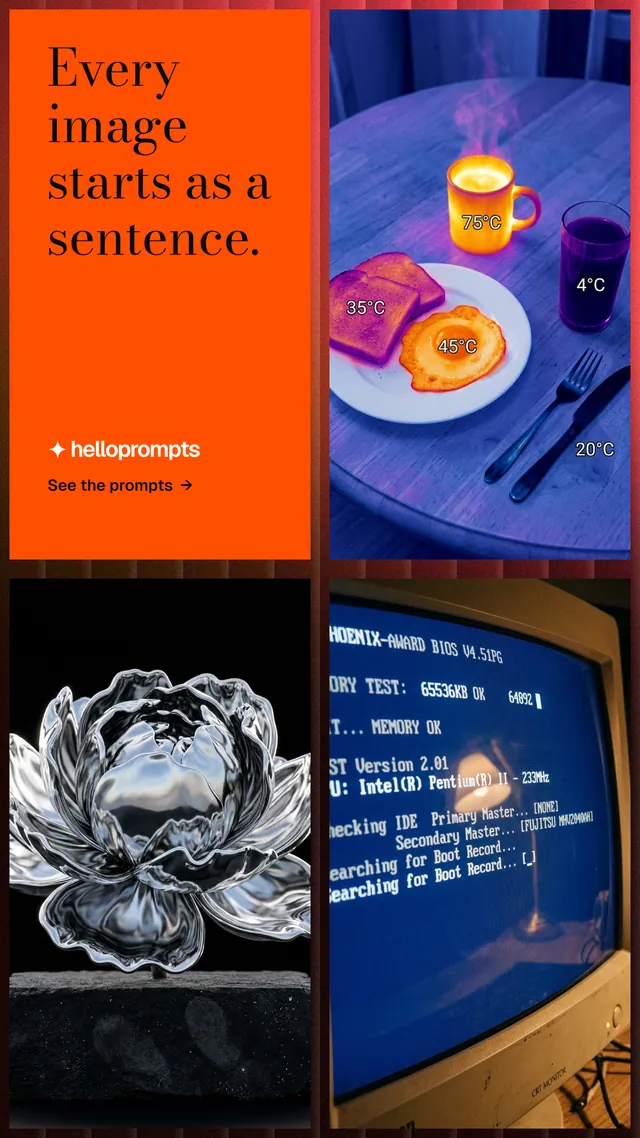 Instagram story for HelloPrompts: "Every image starts as a sentence." Minimal luxury style, collage layout, dark palette in blue, orange, purple.