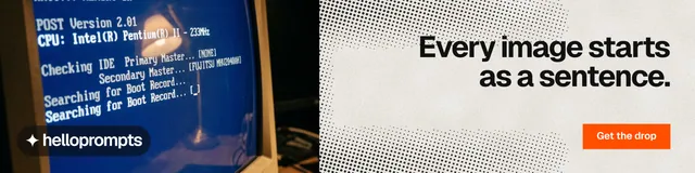 LinkedIn banner for HelloPrompts: "Every image starts as a sentence." Swiss style, right layout, light palette in blue, grey, white.