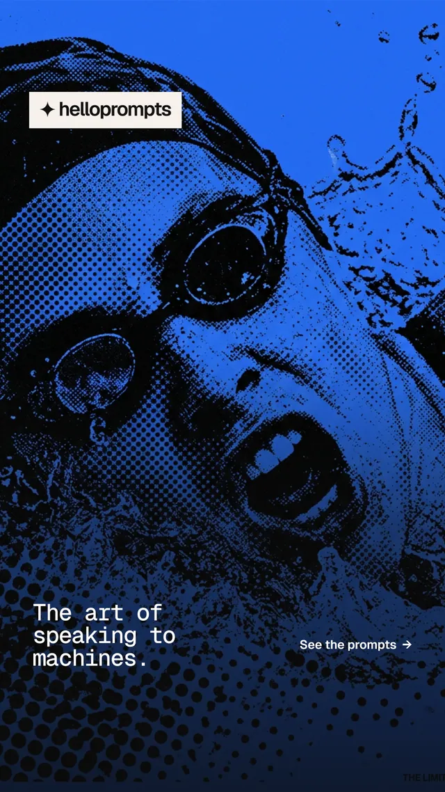 Instagram story for HelloPrompts: "The art of speaking to machines." Swiss style, image led layout, dark palette in blue, black.