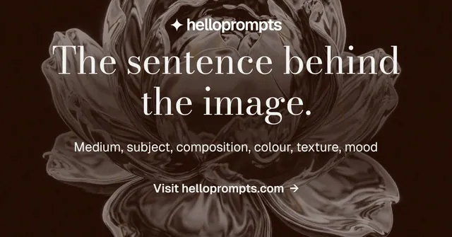 Social ad for HelloPrompts: "The sentence behind the image." Minimal luxury style, centred layout, dark palette in black, orange, grey.