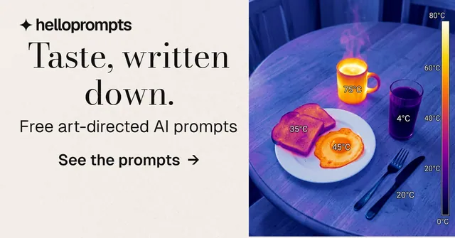 Social ad for HelloPrompts: "Taste, written down." Minimal luxury style, skeleton layout, light palette in white, blue.
