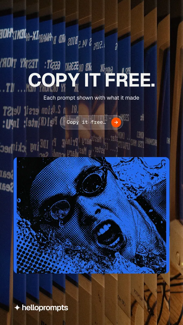 Instagram story for HelloPrompts: "Copy it free." Agentic glass style, centred layout, dark palette in black, blue.
