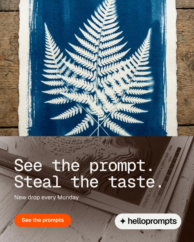 Instagram portrait post for HelloPrompts: "See the prompt. Steal the taste." Photo poster style, bottom layout, light palette in blue, orange, grey.