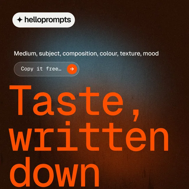Instagram post for HelloPrompts: "Prompts that show their work." Agentic glass style, oversized layout, dark palette in orange, black, brown.